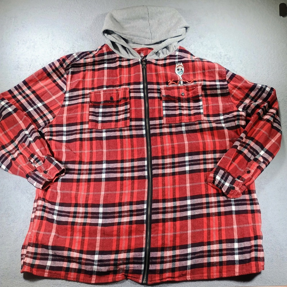 Disney Mens Toy Story Forky Red Plaid Zip Up Hooded Flannel XXL Graphic Back